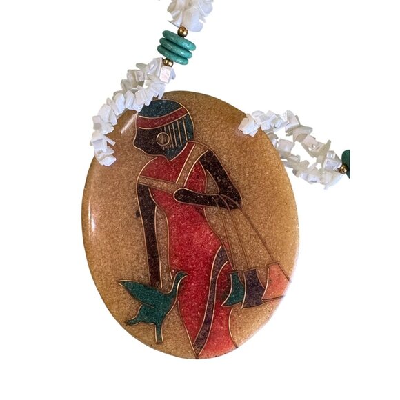 Egyptian Large Inlay Pendant Necklace With Mother Of Pearl Chips Turquoise Beads - Picture 2 of 6